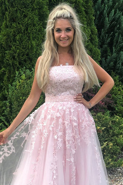 Strapless Pink Tulle Lace Long Prom Dresses Sleeveless Aline Formal Graduation Evening Dresses