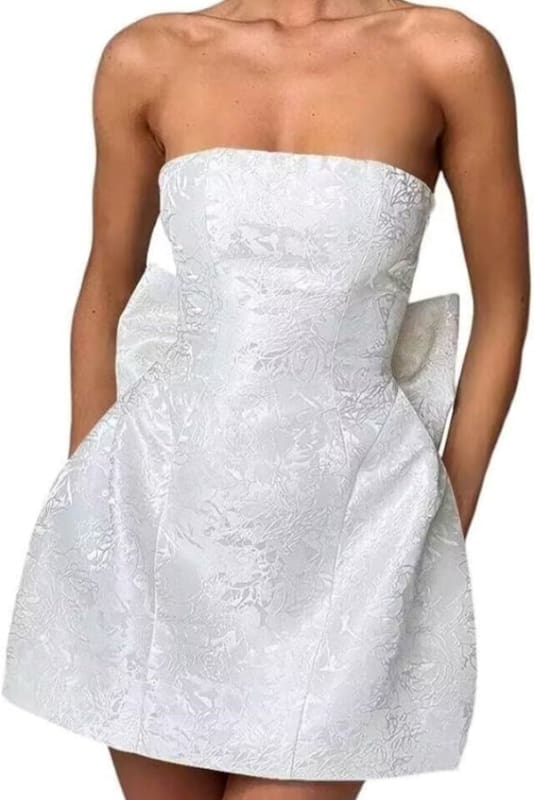 Strapless Ruched Satin SHort Party Dress Backless Jacquard Homecoming Dress with Bow