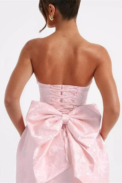 Strapless Ruched Satin SHort Party Dress Backless Jacquard Homecoming Dress with Bow