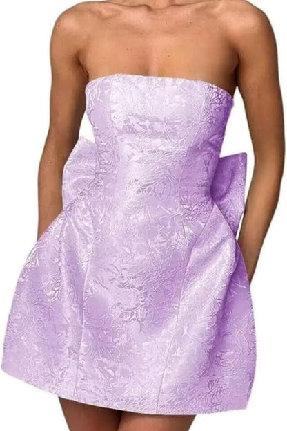 Strapless Ruched Satin SHort Party Dress Backless Jacquard Homecoming Dress with Bow