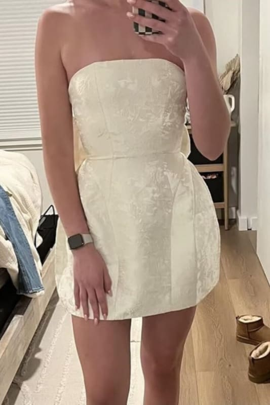 Strapless Ruched Satin SHort Party Dress Backless Jacquard Homecoming Dress with Bow