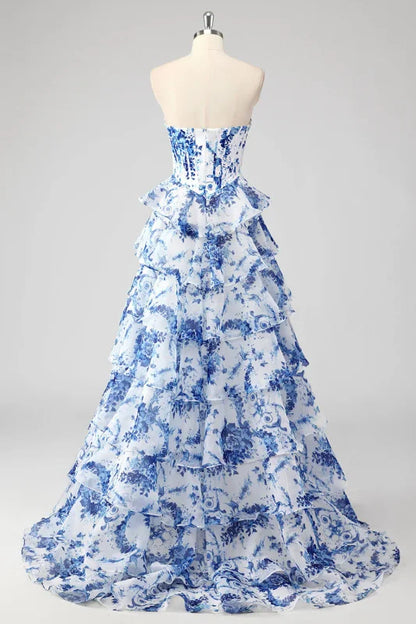 Strapless Corset Ruffles Floral Chiffon A-Line Long Prom Dresses with Front Split