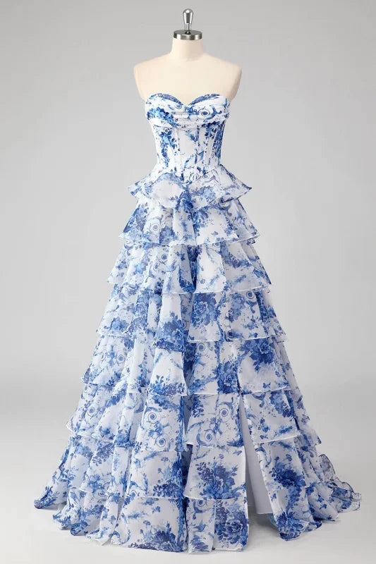 Strapless Corset Ruffles Floral Chiffon A-Line Long Prom Dresses with Front Split