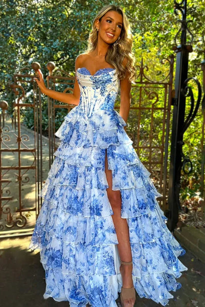 Strapless Corset Ruffles Floral Chiffon A-Line Long Prom Dresses with Front Split