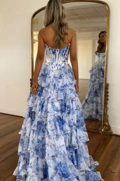Strapless Corset Ruffles Floral Chiffon A-Line Long Prom Dresses with Front Split