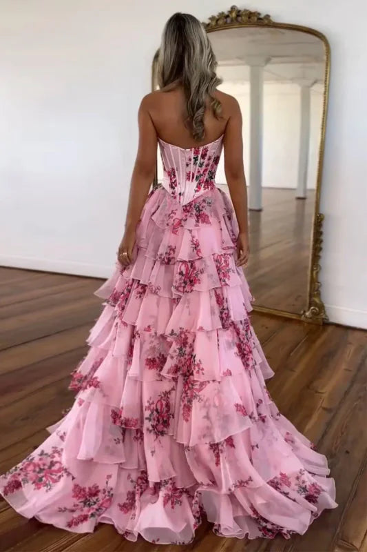 Strapless Corset Ruffles Floral Chiffon A-Line Long Prom Dresses with Front Split