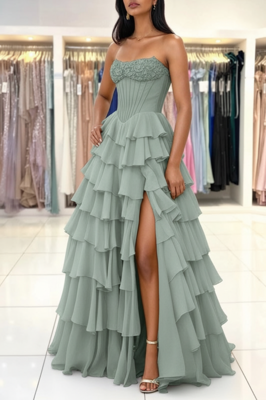 Strapless Sweetheart Corset Aline Evening Dress Chiffon Side Split Prom Dress