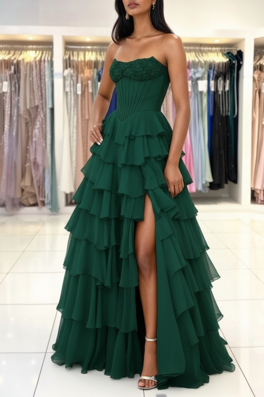 Strapless Sweetheart Corset Aline Evening Dress Chiffon Side Split Prom Dress