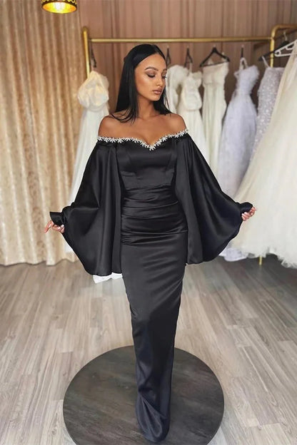 Stunning Black Ruffle Sleeves Mermaid Evening Dress Long With Beads