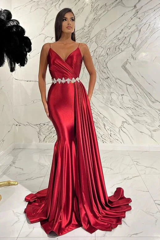 Stunning Burgundy Spaghetti-Straps V-Neck Mermaid Evening Dress Sleeveless With Ruffles
