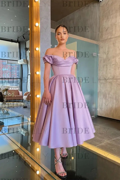 Stunning Off-the-Shoulder Black Prom Dress Tea Length Satin Formal Dress