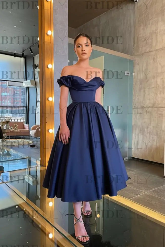 Stunning Off-the-Shoulder Black Prom Dress Tea Length Satin Formal Dress