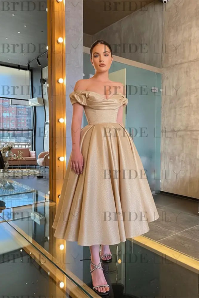 Stunning Off-the-Shoulder Black Prom Dress Tea Length Satin Formal Dress