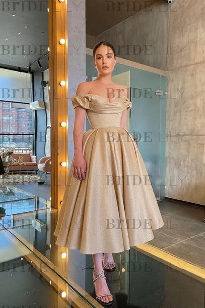 Stunning Off-the-Shoulder Black Prom Dress Tea Length Satin Formal Dress