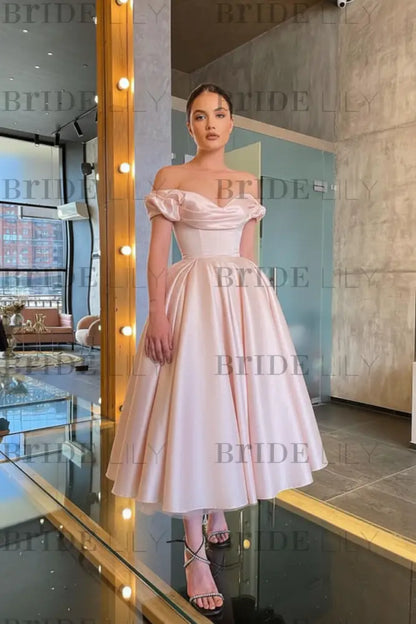 Stunning Off-the-Shoulder Black Prom Dress Tea Length Satin Formal Dress