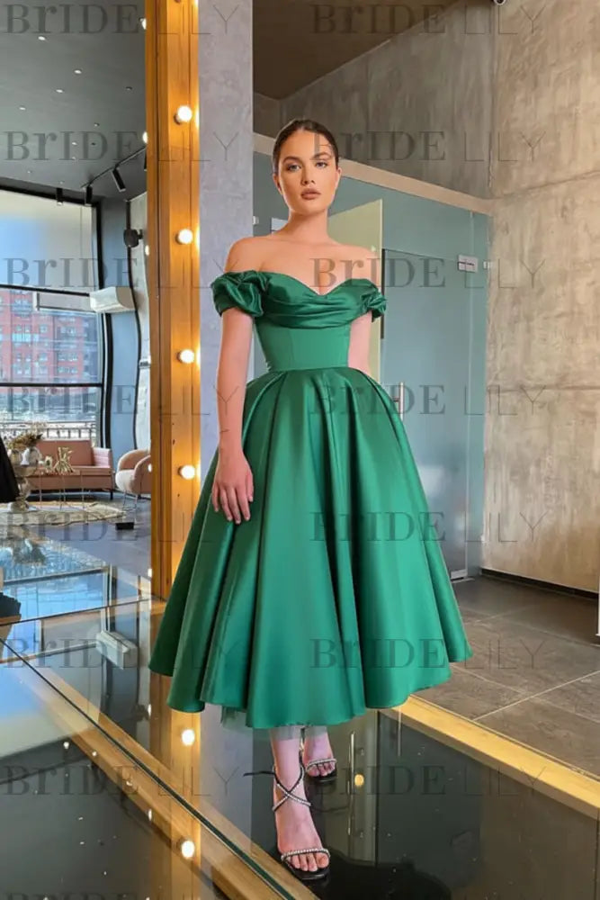Stunning Off-the-Shoulder Black Prom Dress Tea Length Satin Formal Dress