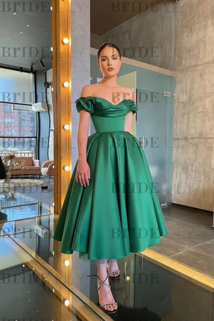 Stunning Off-the-Shoulder Black Prom Dress Tea Length Satin Formal Dress