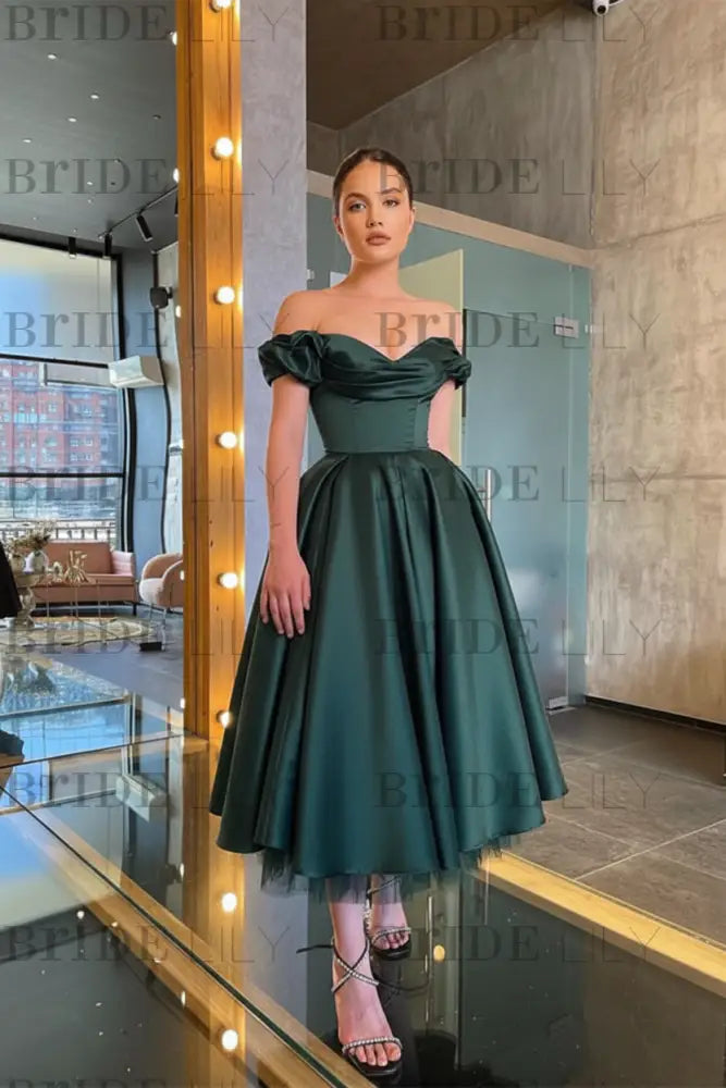 Stunning Off-the-Shoulder Black Prom Dress Tea Length Satin Formal Dress