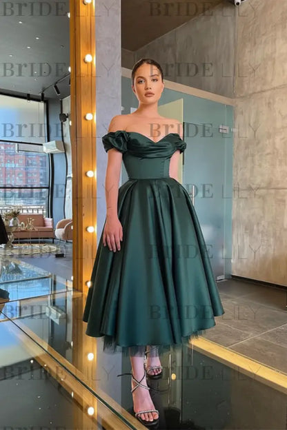 Stunning Off-the-Shoulder Black Prom Dress Tea Length Satin Formal Dress