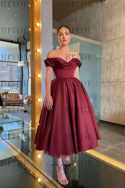Stunning Off-the-Shoulder Black Prom Dress Tea Length Satin Formal Dress