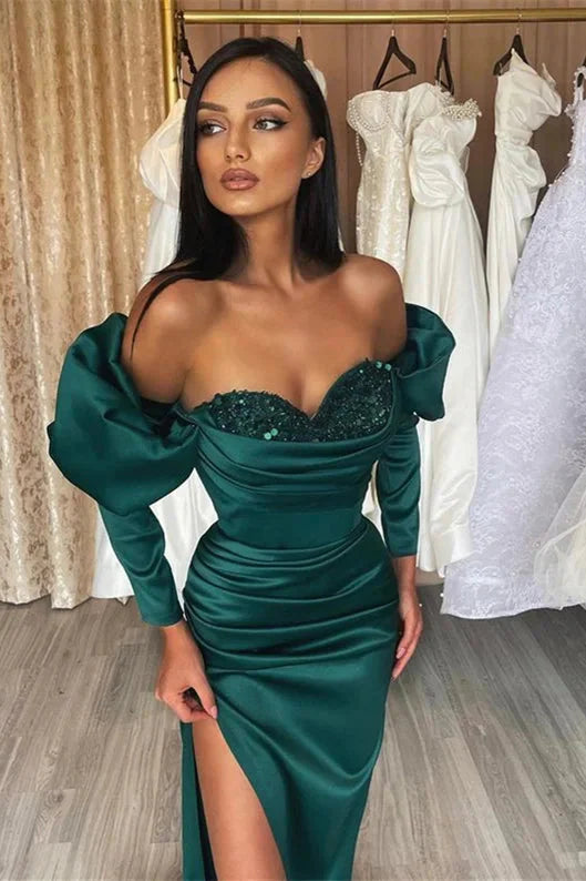 Stunning Off-the-Shoulder Dark Green Evening Dress Mermaid Split With Long Sleeves