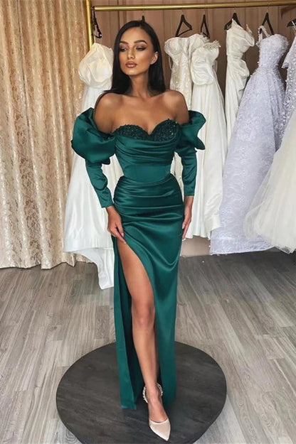 Stunning Off-the-Shoulder Dark Green Evening Dress Mermaid Split With Long Sleeves