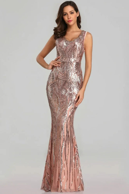 Stunning Sequins Long Evening Dress V-neck Mermaid Prom Dresses With Beadings