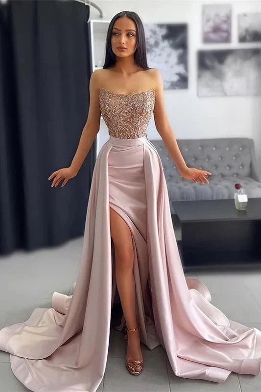 Stunning Strapless Mermaid Slit Evening Dress Ruffles With Appliques