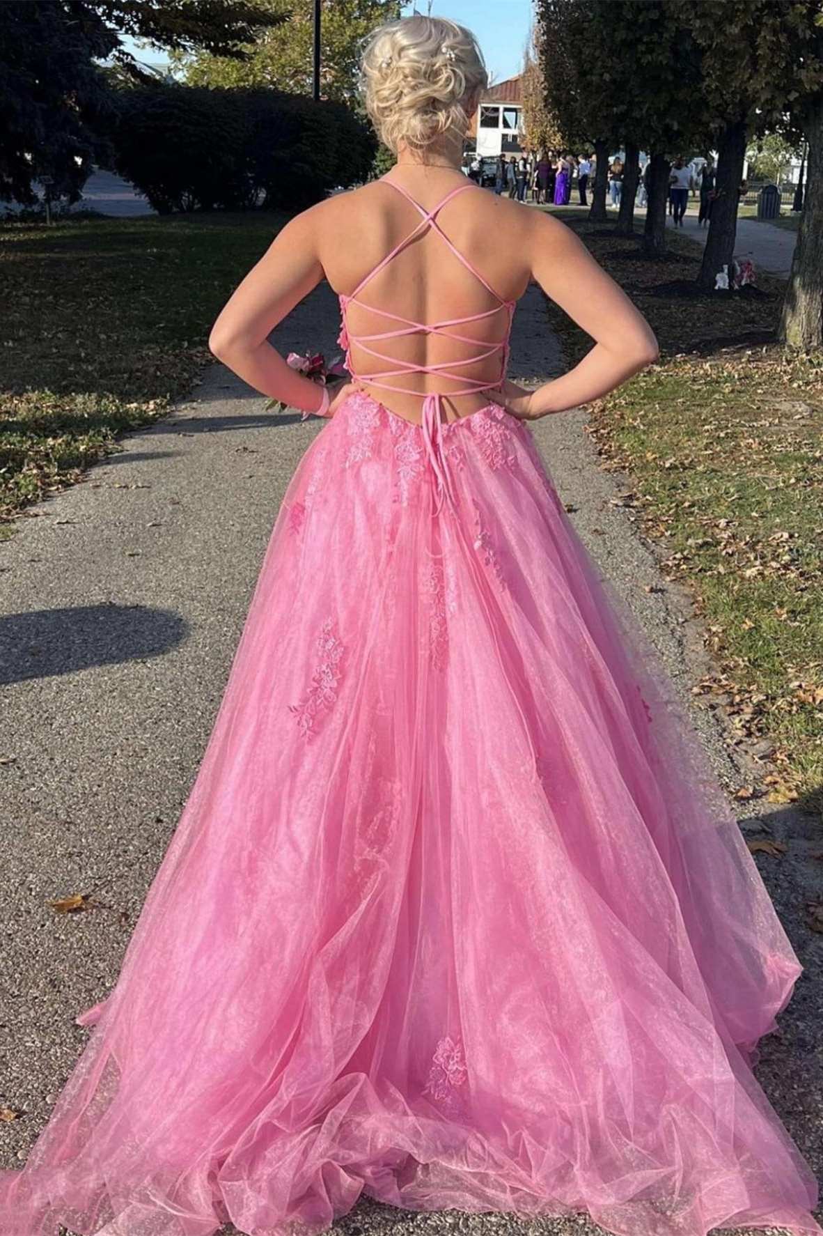 Lace Up Back Pink A-line Empire-Waist Lace Appliques Long Formal Prom Dress