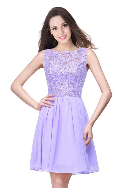 Stylish Scoop Neck Chiffon Short Homecoming Dress Sleeveless Floral Lace Mini Party Dress
