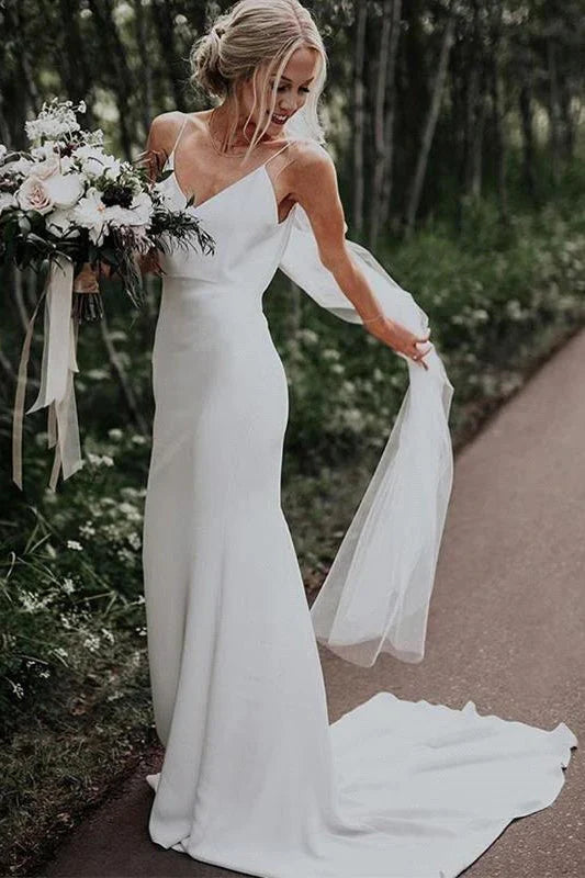 White Beach Wedding Dress Mermaid Spaghetti Straps Satin Bridal Dress Simple Solid Color