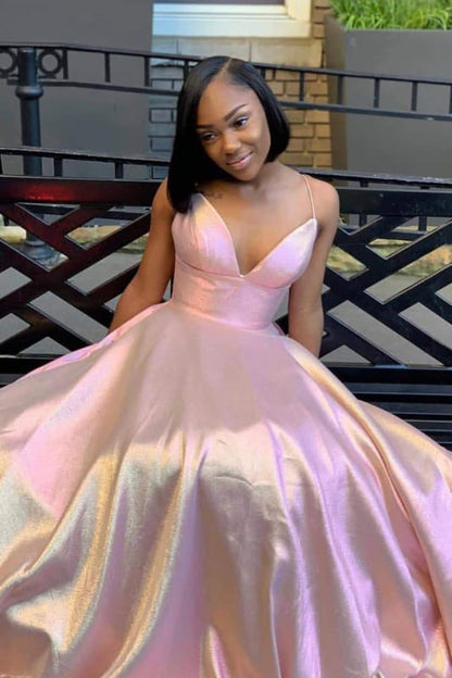 Sweet Spaghetti Strap Ball Gown Prom Dresses Satin Aline Evening Dress