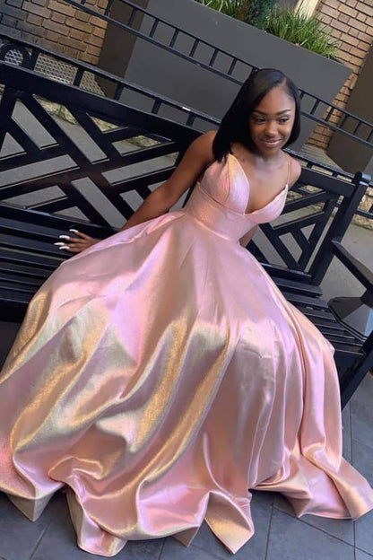Sweet Spaghetti Strap Ball Gown Prom Dresses Satin Aline Evening Dress