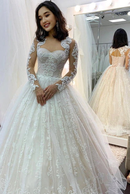 Sweetheart Lace Wedding Dress with Long Sleeves Tulle Appliques A Line Bridal Gown