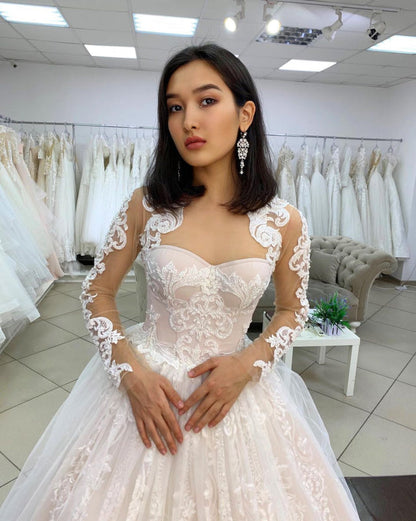 Sweetheart Lace Wedding Dress with Long Sleeves Tulle Appliques A Line Bridal Gown
