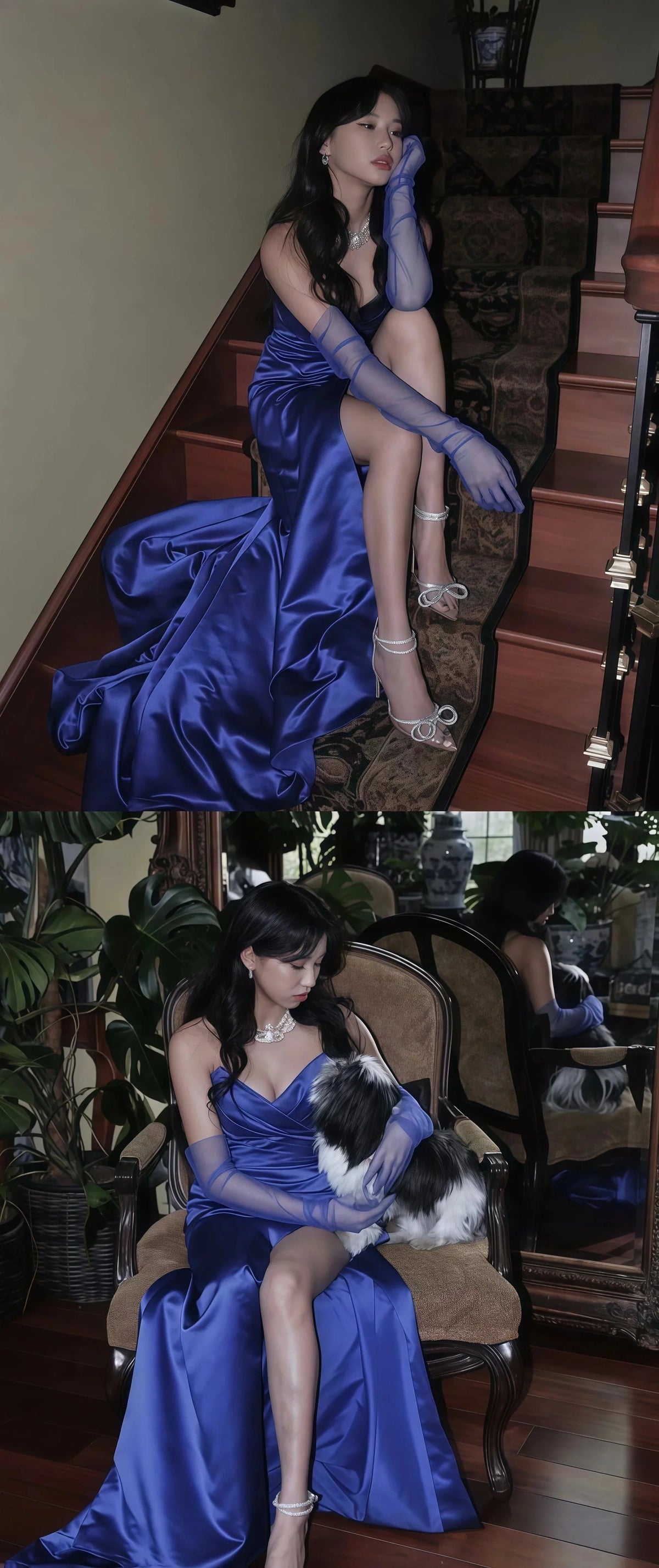 Fancy Leg Slit Prom Dress Tight Satin Evening Gowns with Sleeves