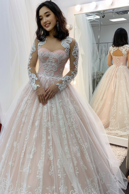Sweetheart Lace Wedding Dress with Long Sleeves Tulle Appliques A Line Bridal Gown