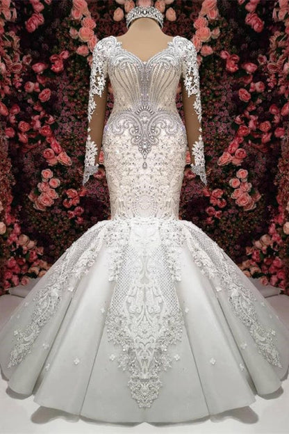 Sweetheart Long Sleeves Elegant Lace Appliques Mermaid Wedding Dress with Beadings