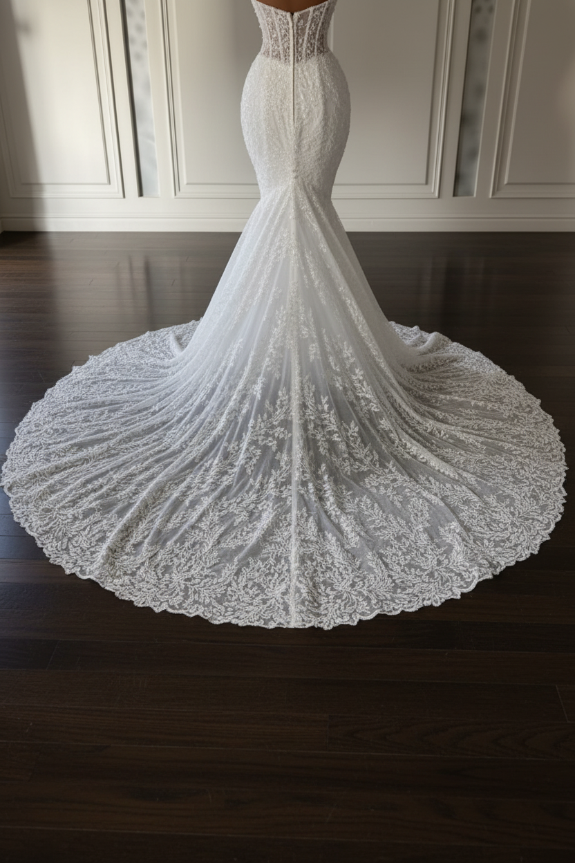 Charming Strapless Mermaid Lace Wedding Dress with Appliques