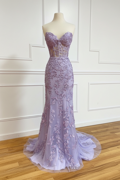 Sweetheart Mermaid Lace Prom Dresses Sleeveless Purple Formal Dresses