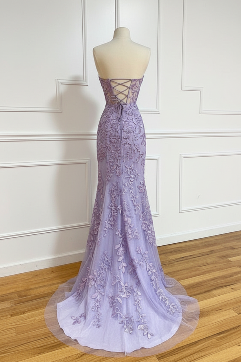 Sweetheart Mermaid Lace Prom Dresses Sleeveless Purple Formal Dresses