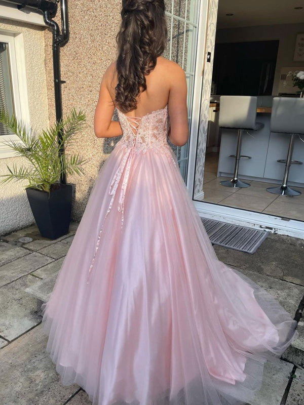 Sweetheart Open Back Pink Lace Long Prom Dresses Tulle Aline Formal Evening Dresses