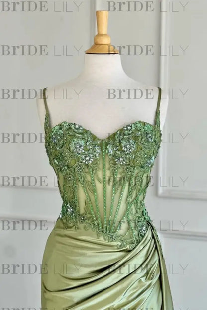Sweetheart Ruched Satin Beadings Mermaid Prom Dress with Side Slit