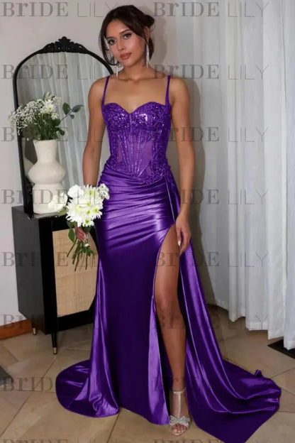 Sweetheart Ruched Satin Beadings Mermaid Prom Dress with Side Slit