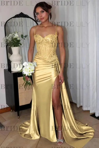 Sweetheart Ruched Satin Beadings Mermaid Prom Dress with Side Slit