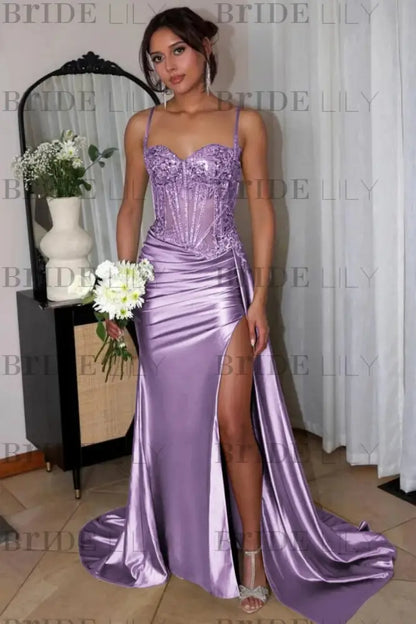 Sweetheart Ruched Satin Beadings Mermaid Prom Dress with Side Slit