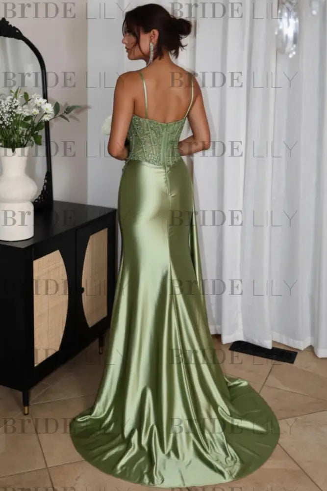Sweetheart Ruched Satin Beadings Mermaid Prom Dress with Side Slit