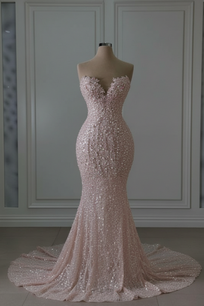 Sweetheart Sleeveless Beaded Lace Mermaid Wedding Dress