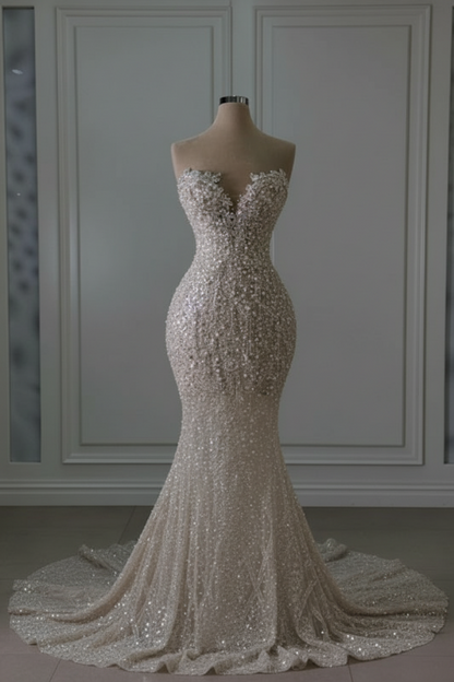 Sweetheart Sleeveless Beaded Lace Mermaid Wedding Dress