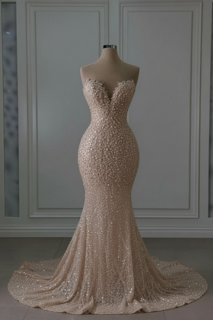 Sweetheart Sleeveless Beaded Lace Mermaid Wedding Dress